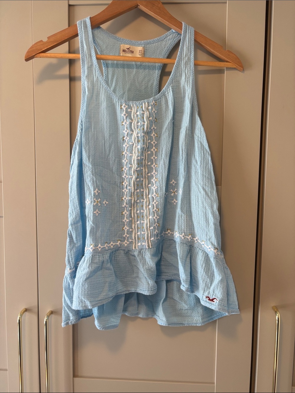 Hollister Light Blue Embroidered Ruffle Tank